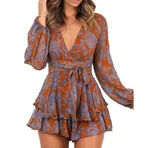 Womens Romper Double Layer Tie Waist Orange Floral Blue XXL VNeck Stripe Balloon